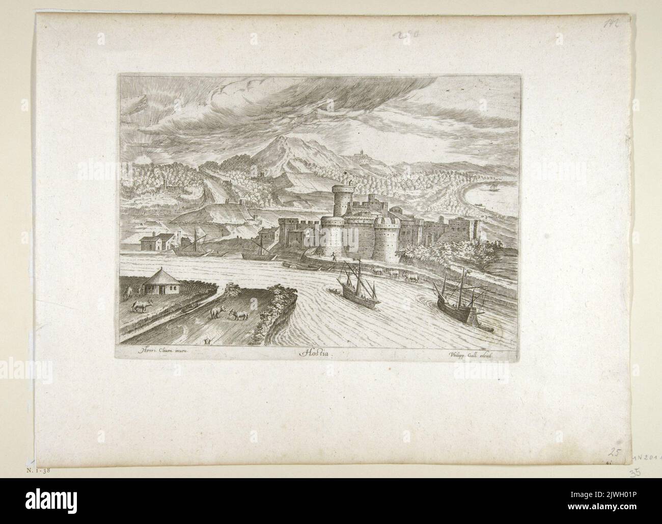 Ostia, view of the fortified castle on the bank of the Tiber. `Hostia`. Galle, Theodor (1571-1633), graphic artist, Galle, Philips (1537-1612), graphic artist, Cleve, Hendrick van, III (ca 1525-1589), draughtsman, cartoonist Stock Photo